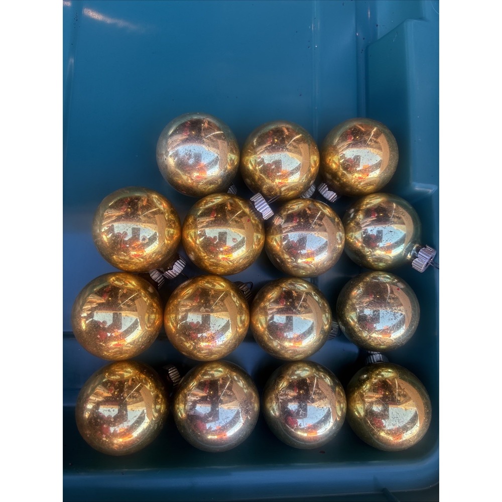 Vintage Shiny Bright Glass Ball Ornaments- Set Of 15  Gold 2" Ball Ornaments